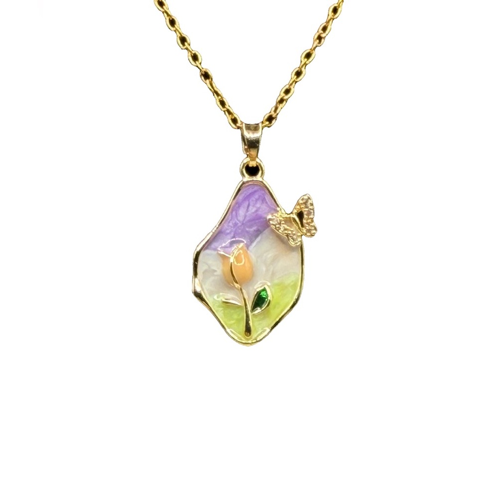 Floral Pastel Enamel Pendant with Butterfly Accent on Stainless Gold Tone Chain